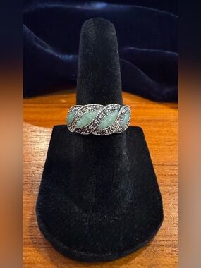 Vintage Avon Sterling Silver (925) Jadeite, faux Marcasite Band Ring, Size 5.5